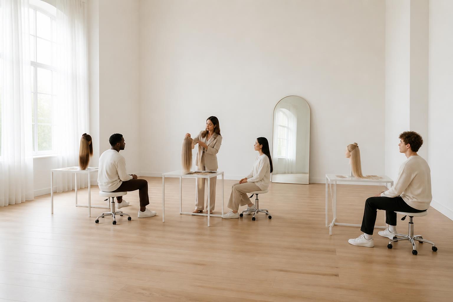 Students learning hair extensions at The New Look academy